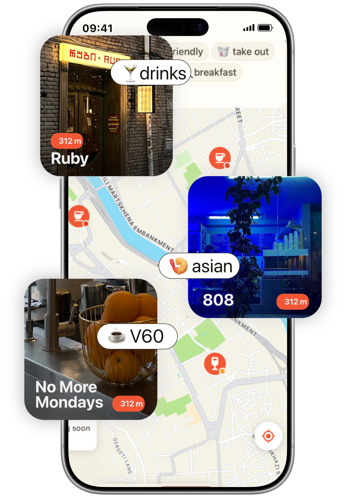 qvit app — a map of Tbilisi cafés with stamp rewards